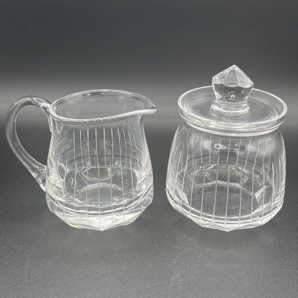 Vintage Crystal Clear Glass Cream and Sugar Faceted Lined Set 3 pc Set - Picture 2 of 10